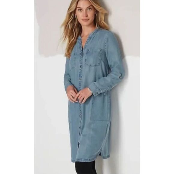 NWT JJill Lightweight Fringe Neck Button Front Denim Shirt Dress XLP - Picture 1 of 16